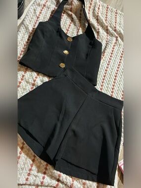 Black Two-Piece Crop Top and High-Waist Shorts with Gold Buttons
